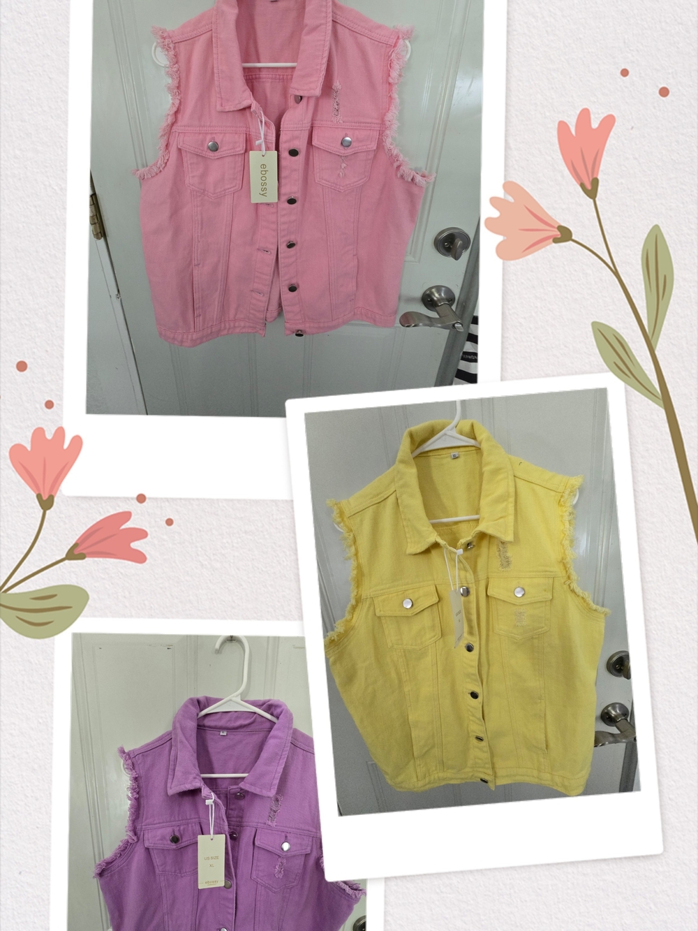 THREE Sleeveless Denim Vest in Pink, Yellow & Purple - Frayed Edge Button-Front.